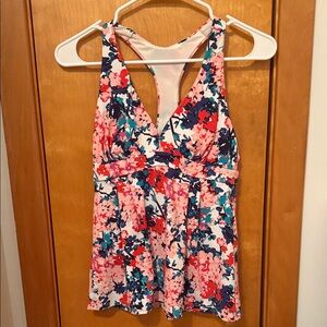 Lands' End Floral Swim Tank Top - Pink and Navy
